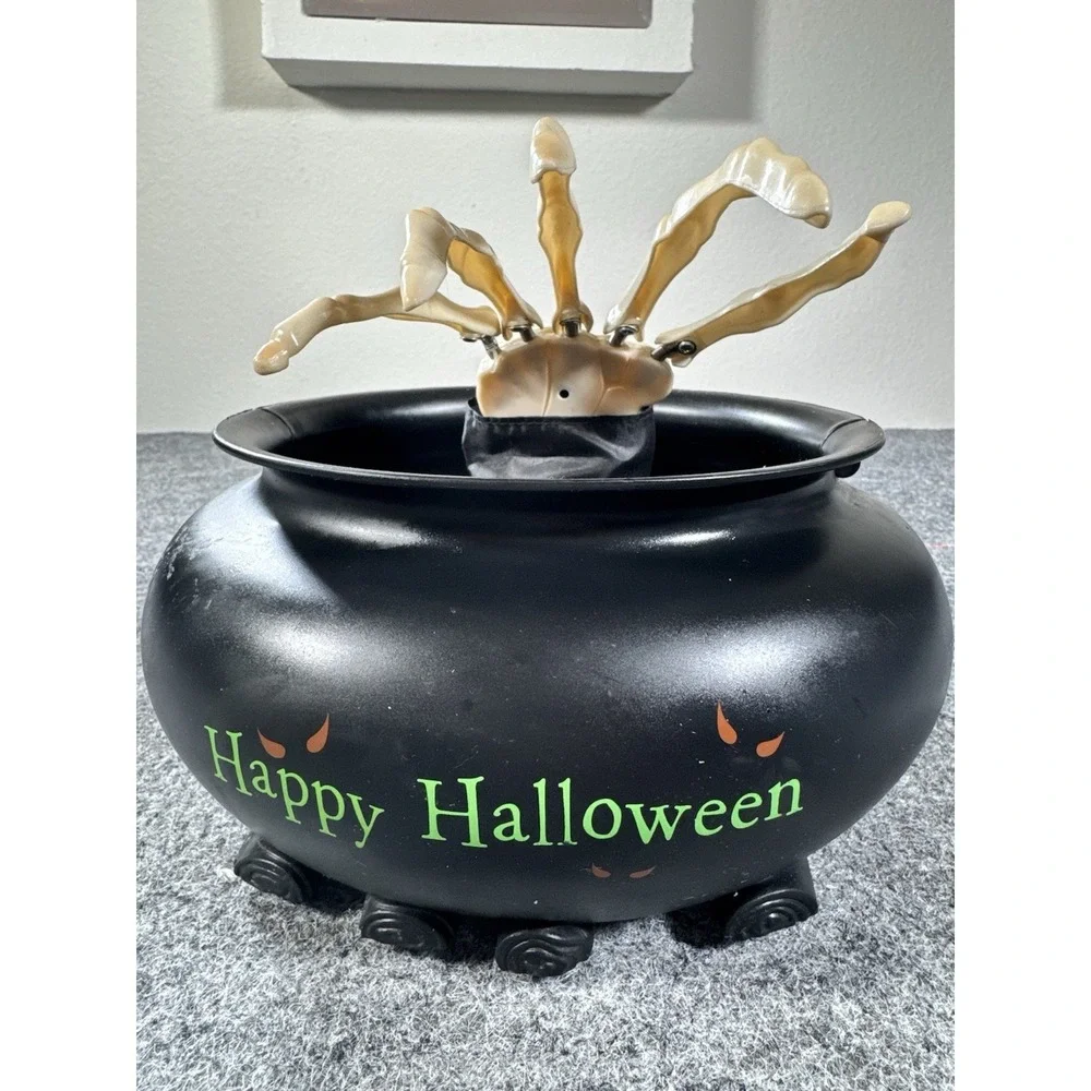 Gemmy Animated Talking Candy Happy Halloween Cauldron Bowl Gotcha Skeleton Hand